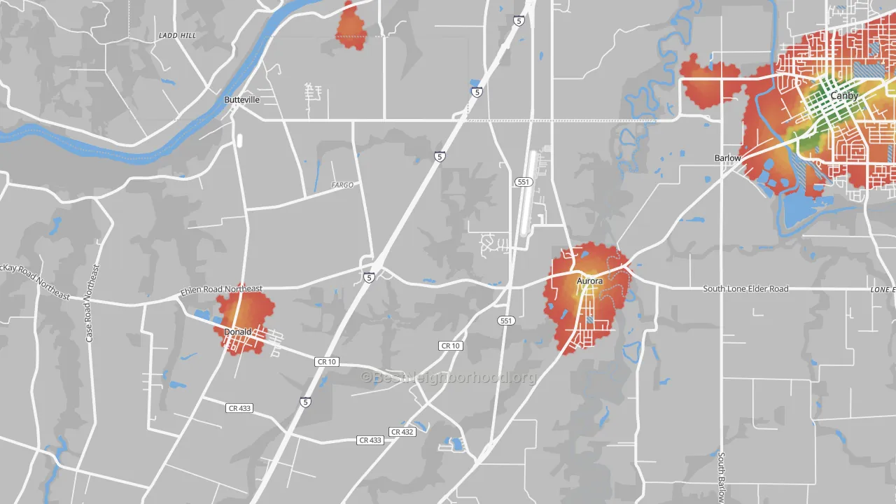 Walk Grade map of 97002, OR, walkable areas in green and car-dependent areas in red