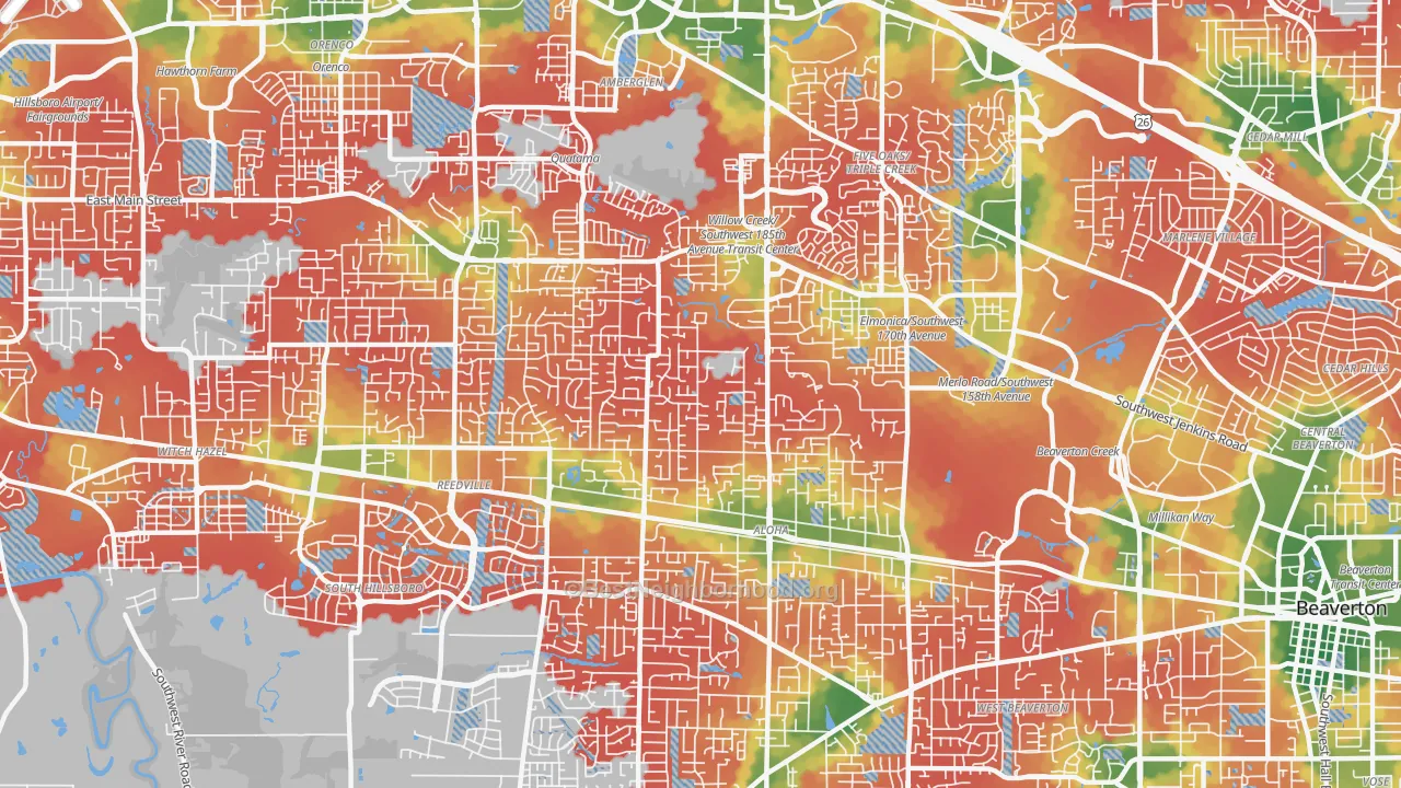 Walk Grade map of 97003, OR, walkable areas in green and car-dependent areas in red