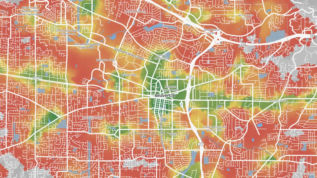 Walk Grade map of 97005, OR, walkable areas in green and car-dependent areas in red
