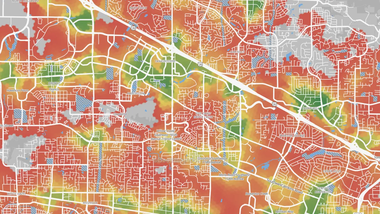Walk Grade map of 97006, OR, walkable areas in green and car-dependent areas in red