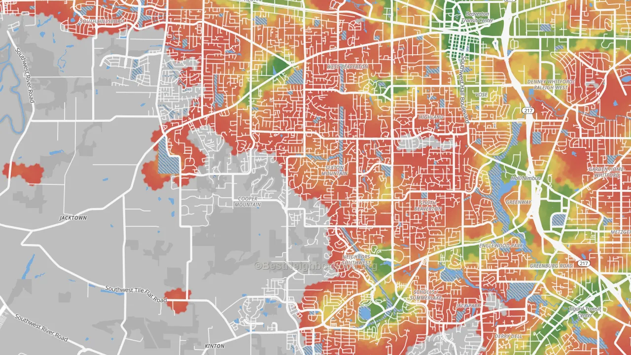 Walk Grade map of 97007, OR, walkable areas in green and car-dependent areas in red