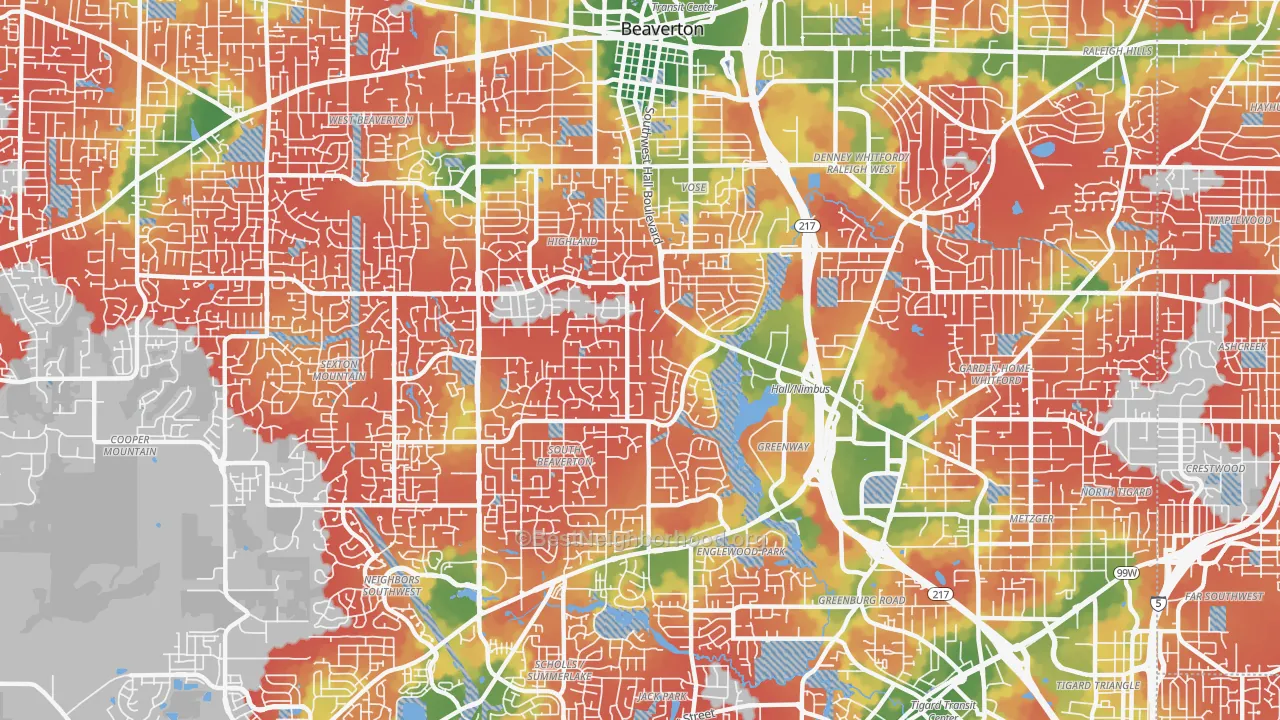 Walk Grade map of 97008, OR, walkable areas in green and car-dependent areas in red