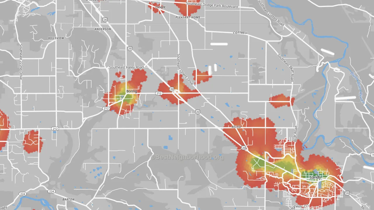 Walk Grade map of 97009, OR, walkable areas in green and car-dependent areas in red