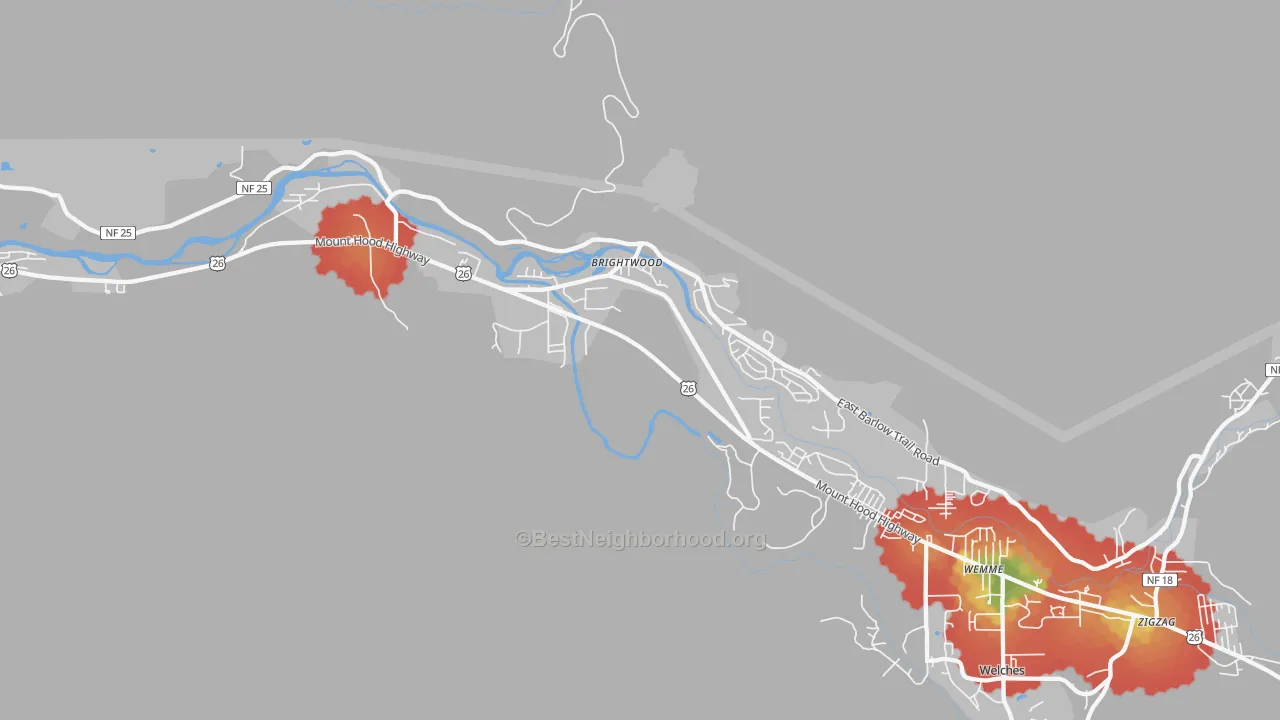 Walk Grade map of 97011, OR, walkable areas in green and car-dependent areas in red