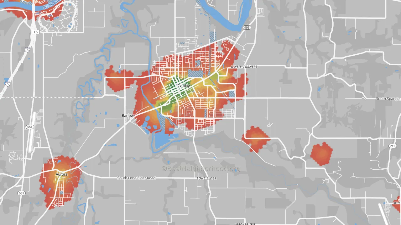 Walk Grade map of 97013, OR, walkable areas in green and car-dependent areas in red