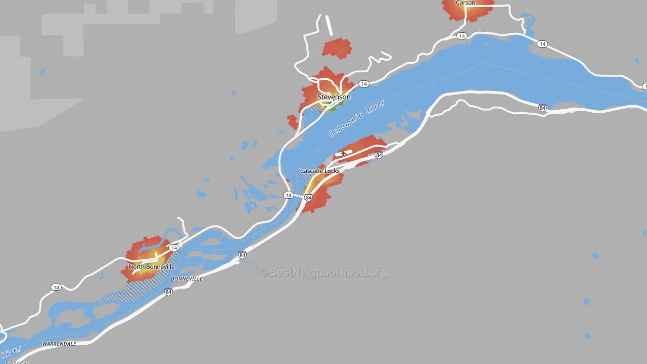 Walk Grade map of 97014, OR, walkable areas in green and car-dependent areas in red