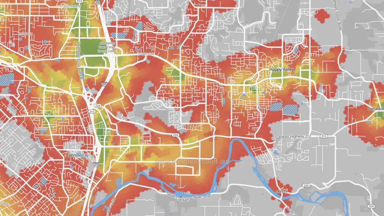 Walk Grade map of 97015, OR, walkable areas in green and car-dependent areas in red