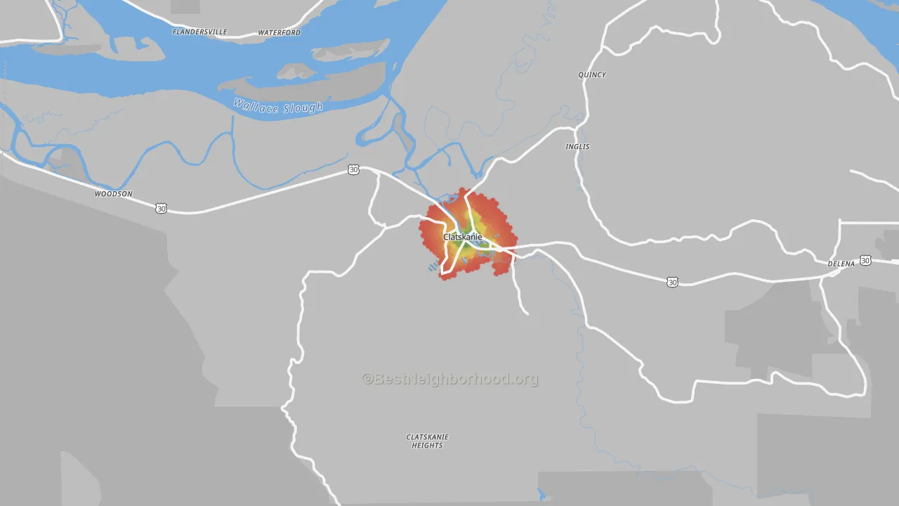 Walk Grade map of 97016, OR, walkable areas in green and car-dependent areas in red