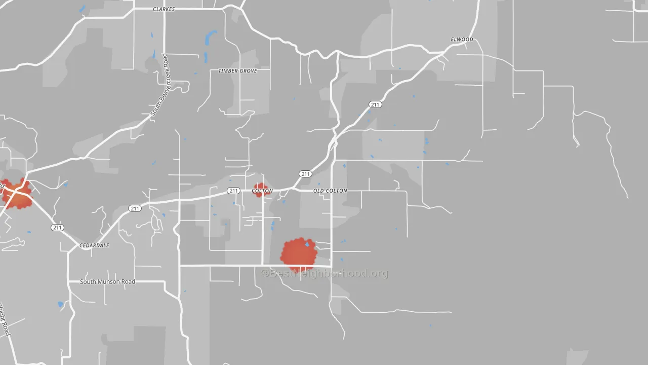 Walk Grade map of 97017, OR, walkable areas in green and car-dependent areas in red