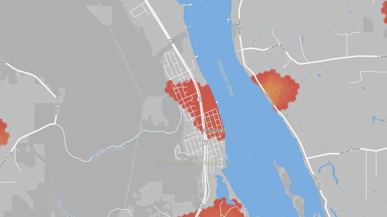 Walk Grade map of 97018, OR, walkable areas in green and car-dependent areas in red
