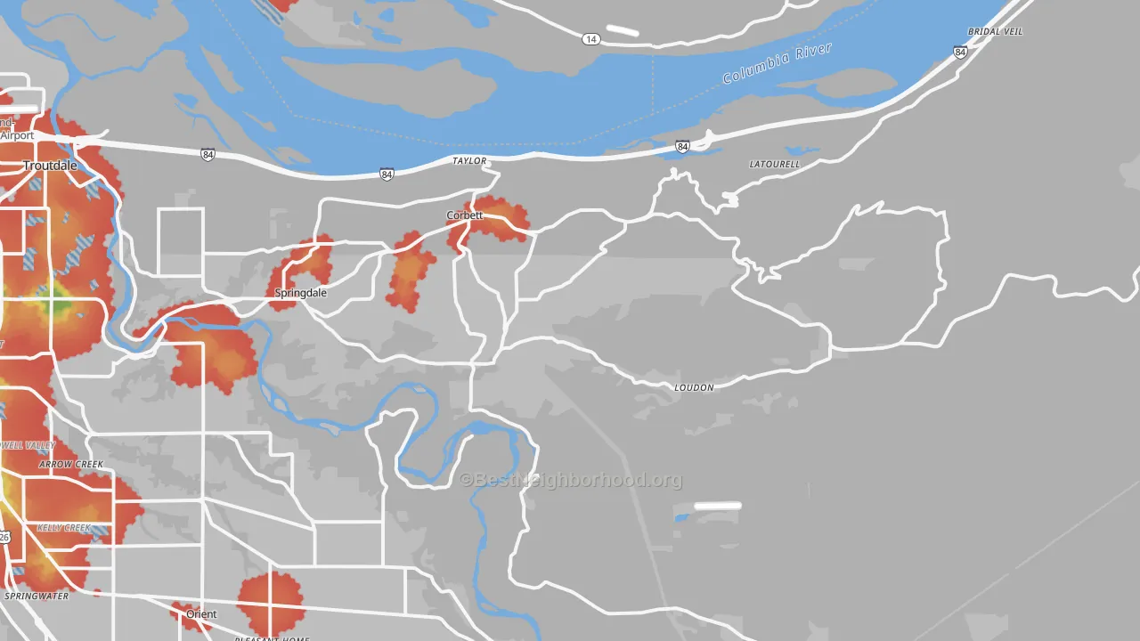 Walk Grade map of 97019, OR, walkable areas in green and car-dependent areas in red