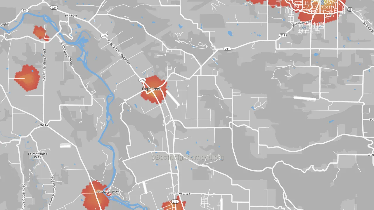 Walk Grade map of 97022, OR, walkable areas in green and car-dependent areas in red