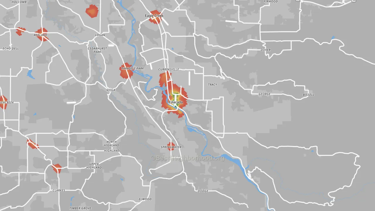Walk Grade map of 97023, OR, walkable areas in green and car-dependent areas in red