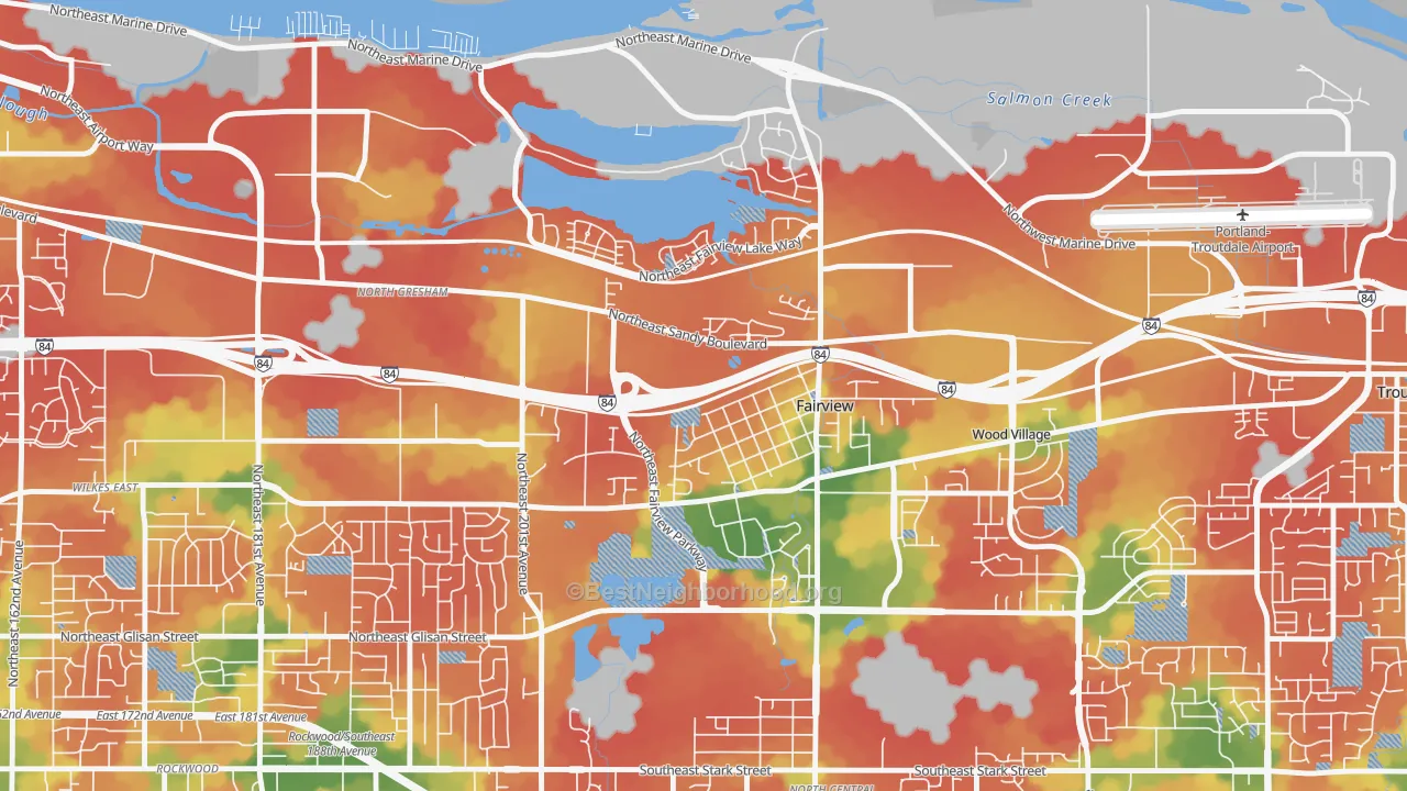 Walk Grade map of 97024, OR, walkable areas in green and car-dependent areas in red