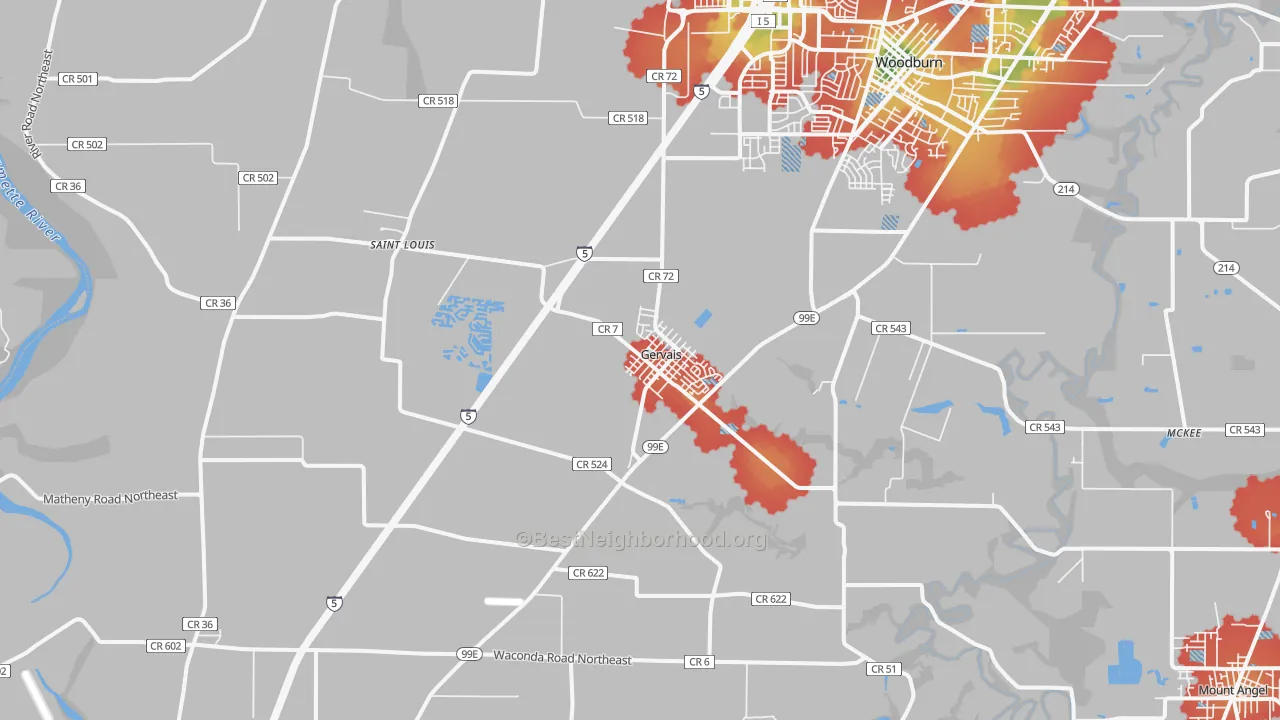 Walk Grade map of 97026, OR, walkable areas in green and car-dependent areas in red
