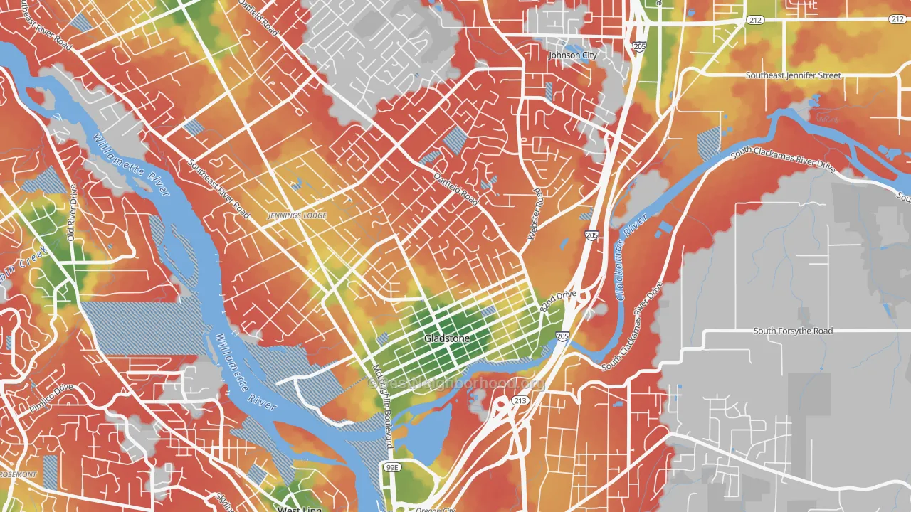 Walk Grade map of 97027, OR, walkable areas in green and car-dependent areas in red