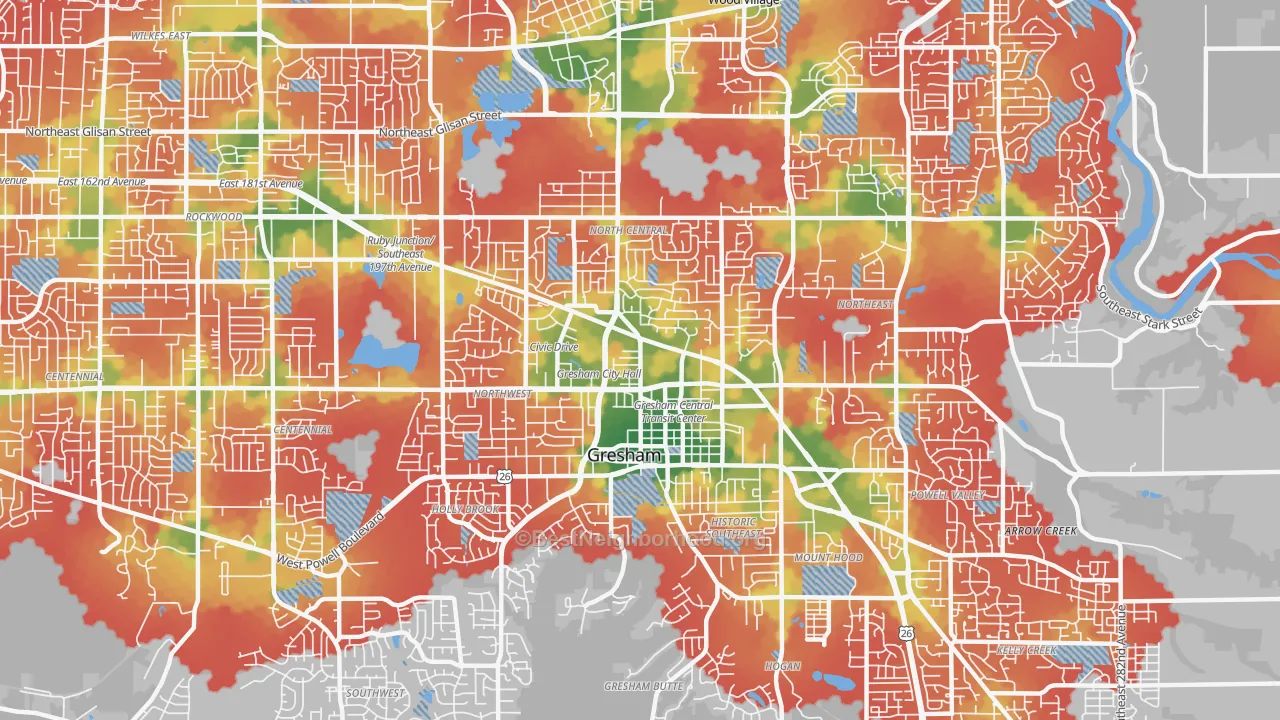 Walk Grade map of 97030, OR, walkable areas in green and car-dependent areas in red