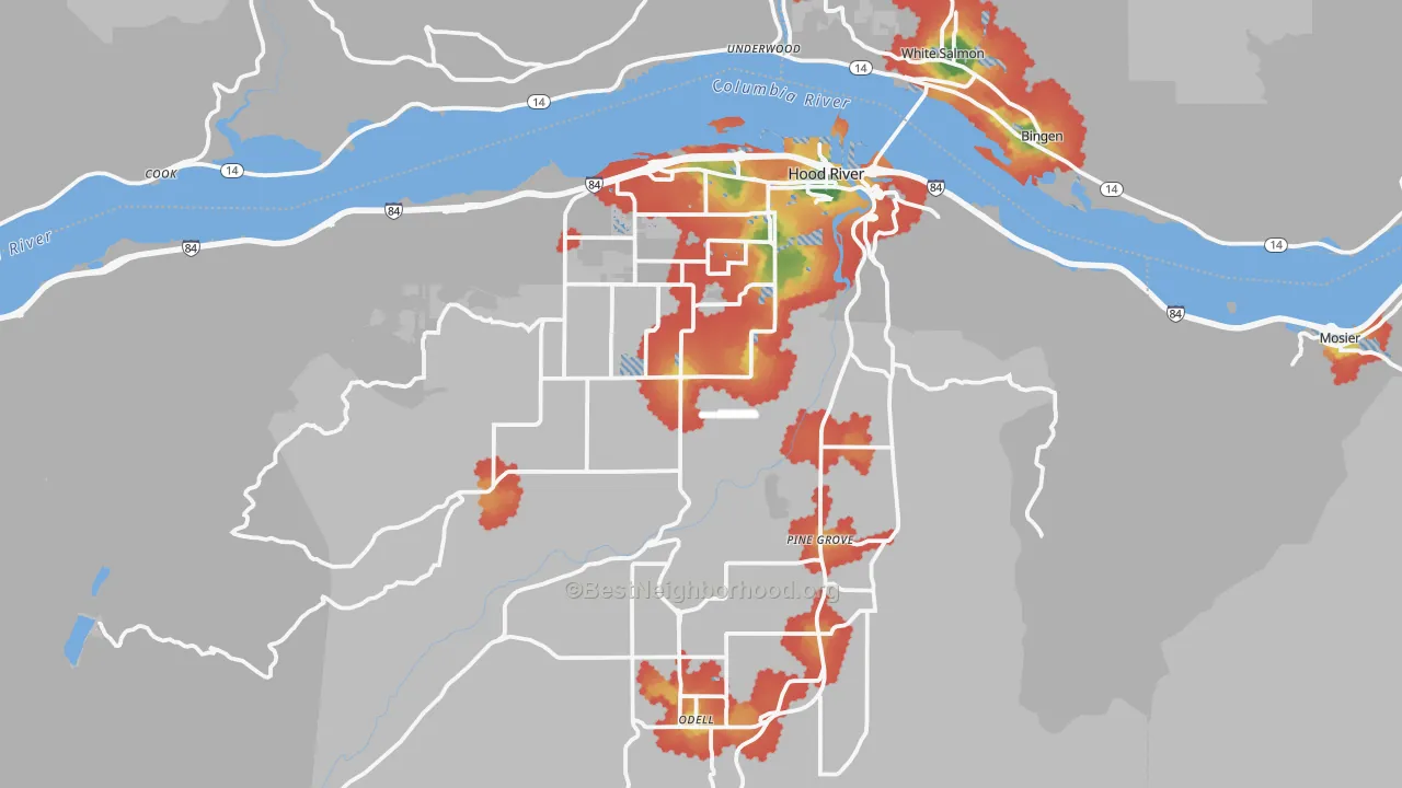 Walk Grade map of 97031, OR, walkable areas in green and car-dependent areas in red