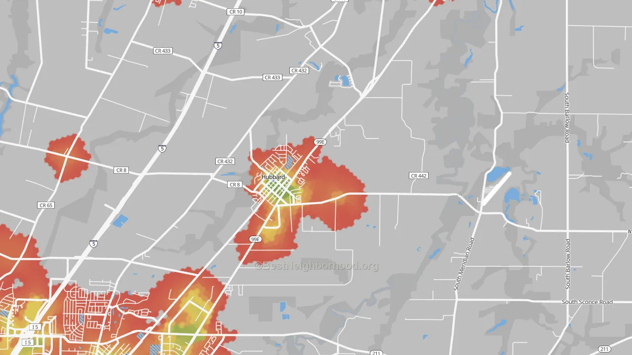 Walk Grade map of 97032, OR, walkable areas in green and car-dependent areas in red