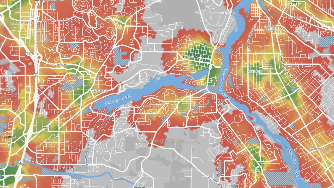 Walk Grade map of 97034, OR, walkable areas in green and car-dependent areas in red
