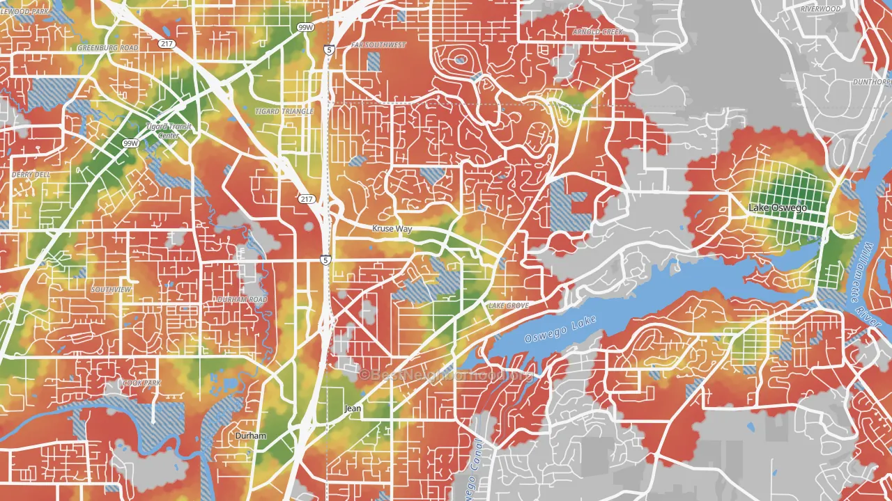 Walk Grade map of 97035, OR, walkable areas in green and car-dependent areas in red