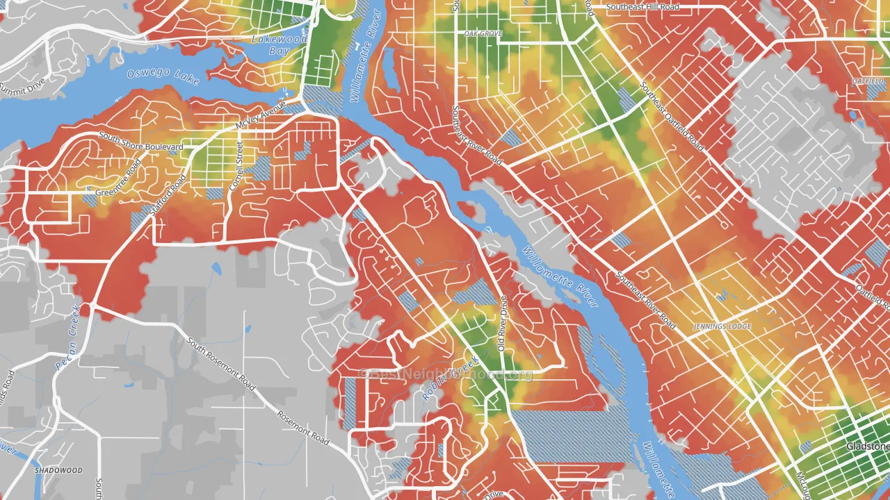Walk Grade map of 97036, OR, walkable areas in green and car-dependent areas in red