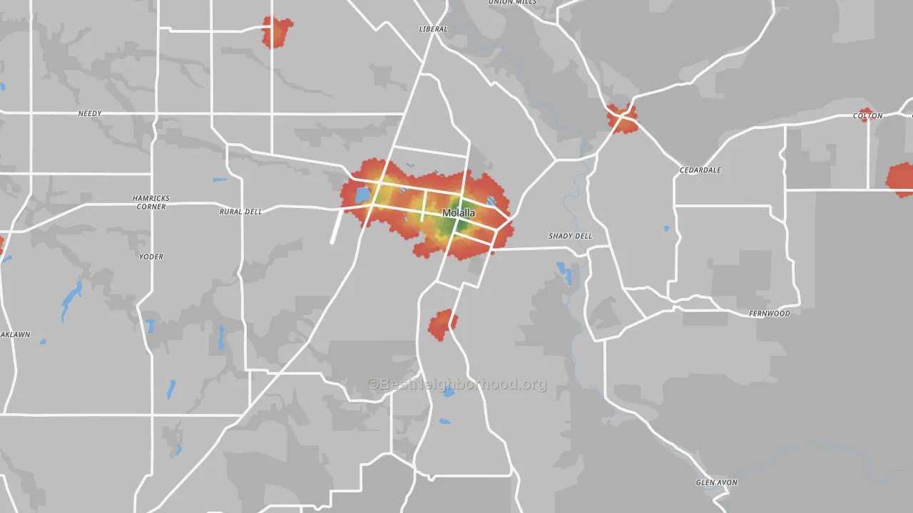 Walk Grade map of 97038, OR, walkable areas in green and car-dependent areas in red