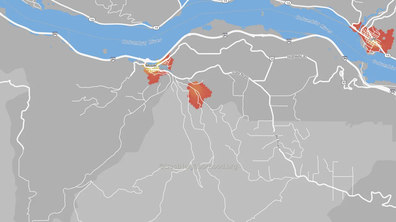 Walk Grade map of 97040, OR, walkable areas in green and car-dependent areas in red