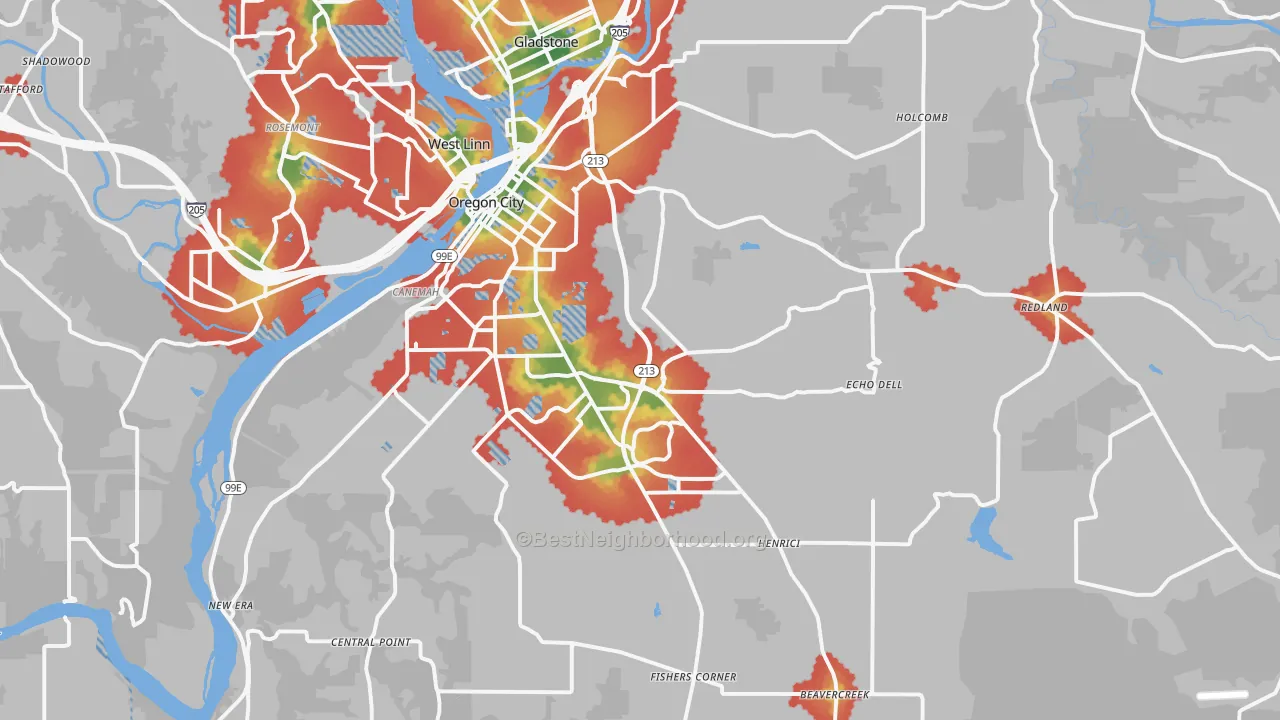 Walk Grade map of 97045, OR, walkable areas in green and car-dependent areas in red