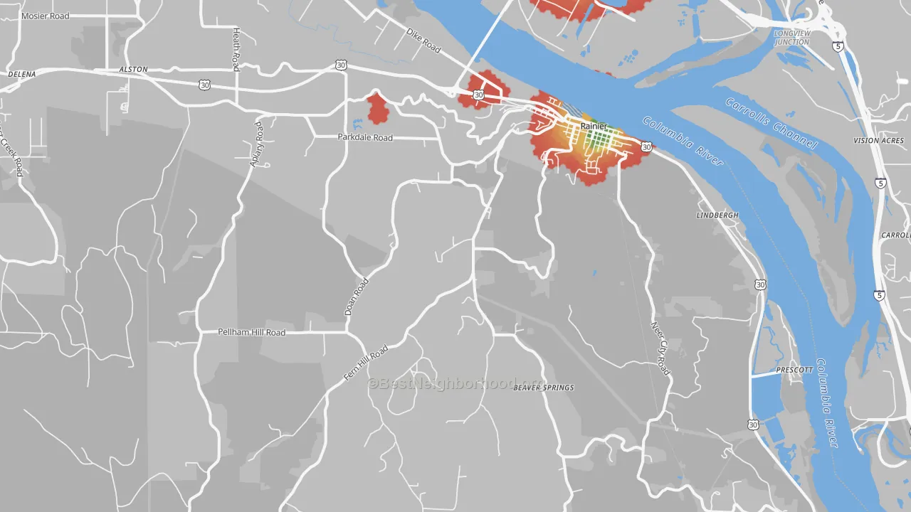 Walk Grade map of 97048, OR, walkable areas in green and car-dependent areas in red