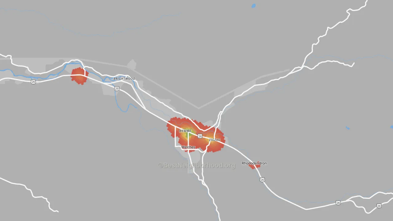 Walk Grade map of 97049, OR, walkable areas in green and car-dependent areas in red