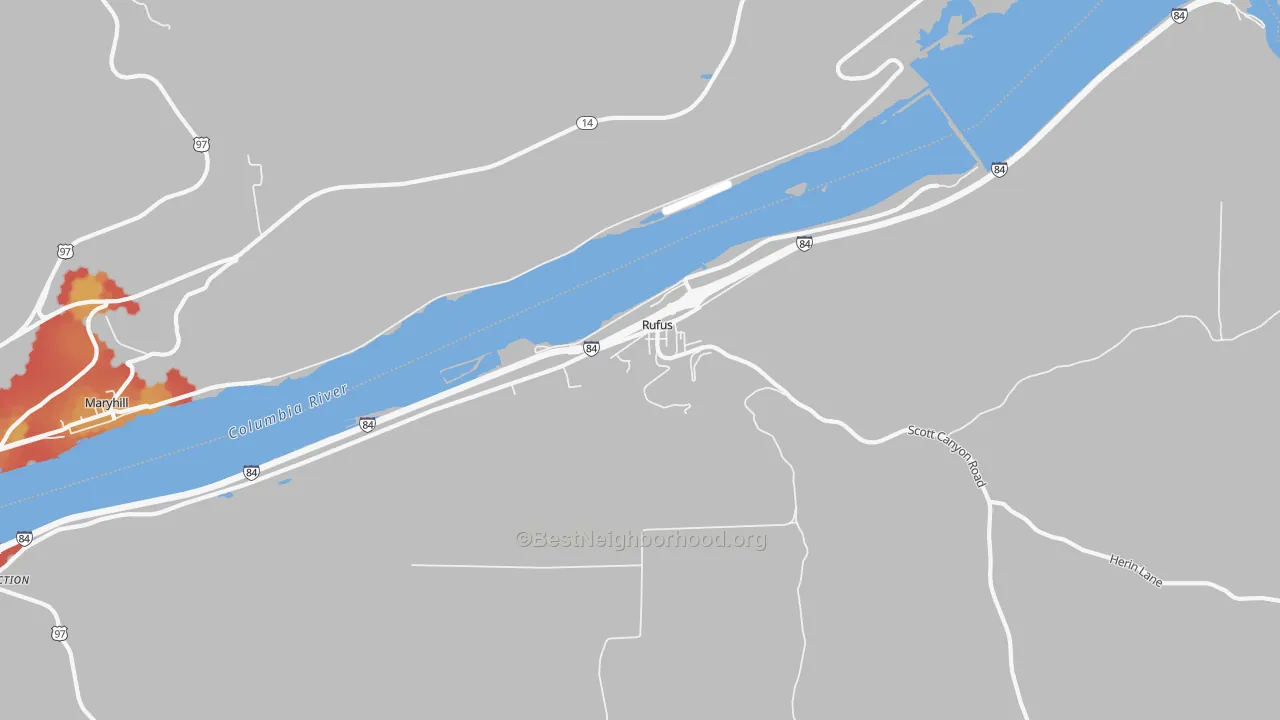 Walk Grade map of 97050, OR, walkable areas in green and car-dependent areas in red