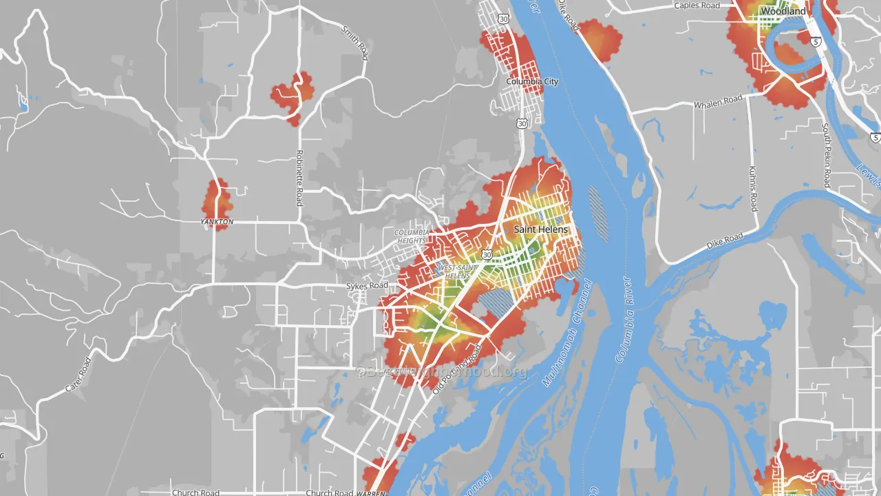 Walk Grade map of 97051, OR, walkable areas in green and car-dependent areas in red