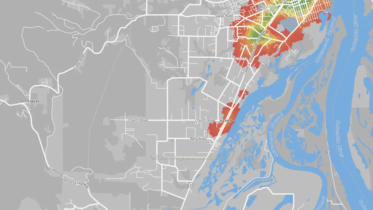 Walk Grade map of 97053, OR, walkable areas in green and car-dependent areas in red