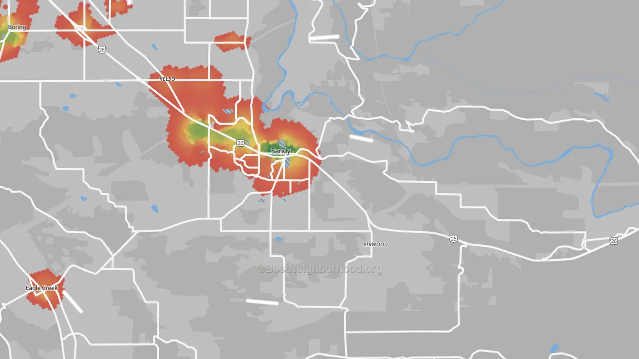 Walk Grade map of 97055, OR, walkable areas in green and car-dependent areas in red