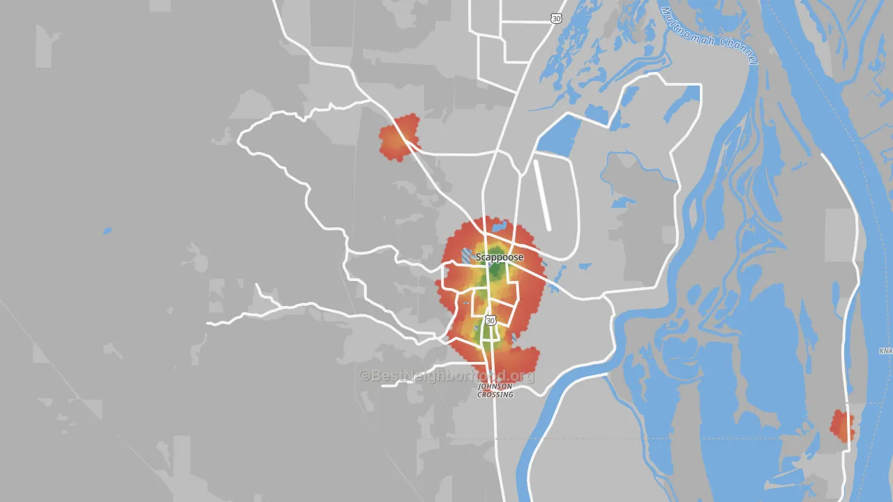 Walk Grade map of 97056, OR, walkable areas in green and car-dependent areas in red