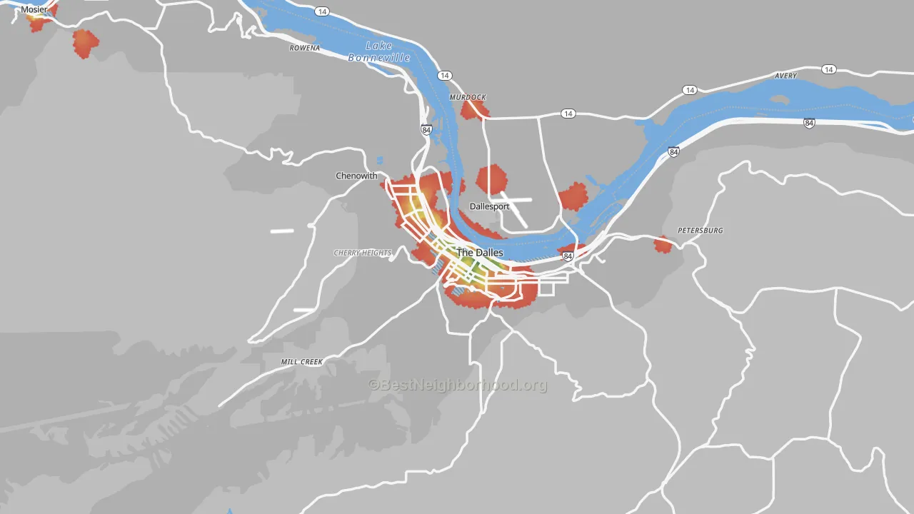 Walk Grade map of 97058, OR, walkable areas in green and car-dependent areas in red