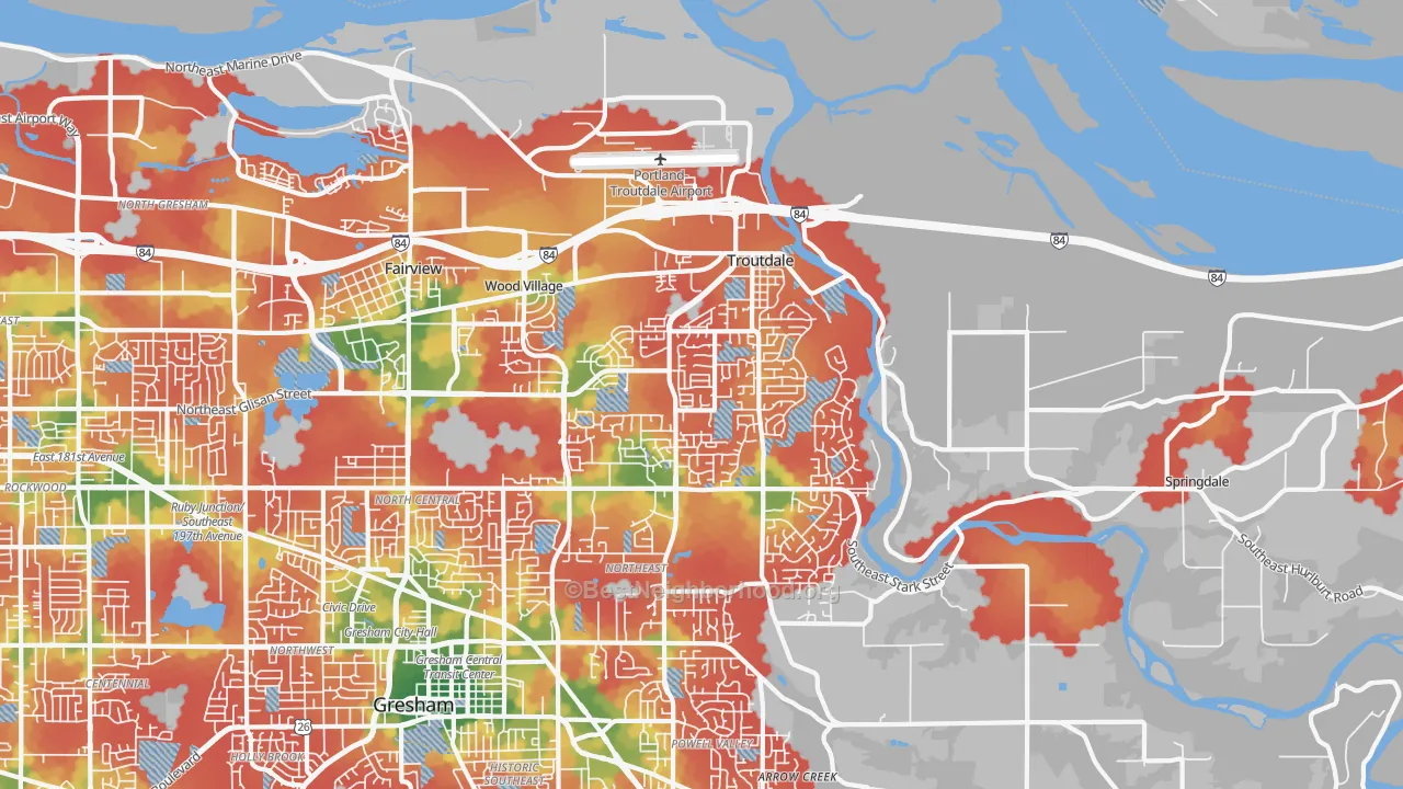 Walk Grade map of 97060, OR, walkable areas in green and car-dependent areas in red