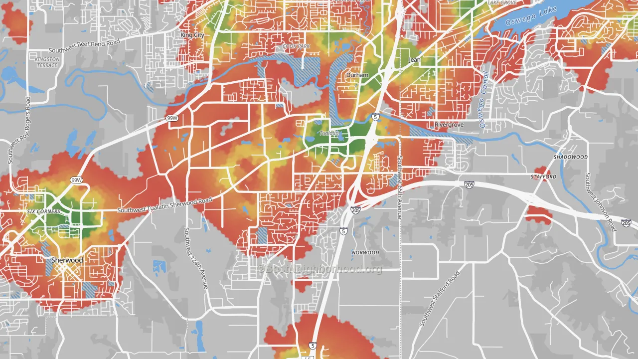 Walk Grade map of 97062, OR, walkable areas in green and car-dependent areas in red