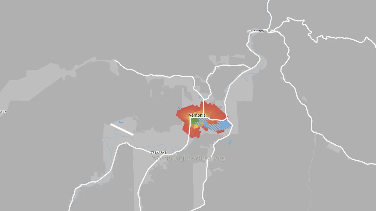 Walk Grade map of 97064, OR, walkable areas in green and car-dependent areas in red