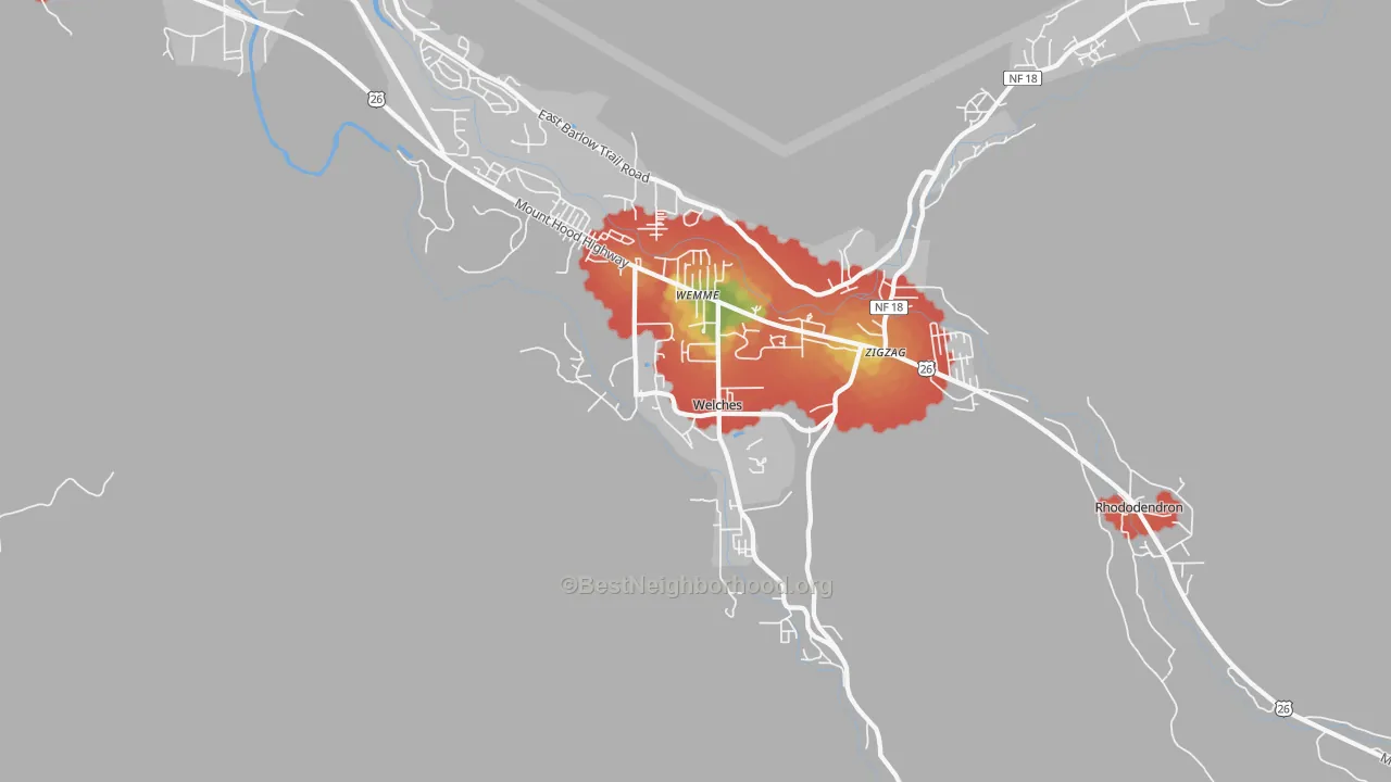 Walk Grade map of 97067, OR, walkable areas in green and car-dependent areas in red