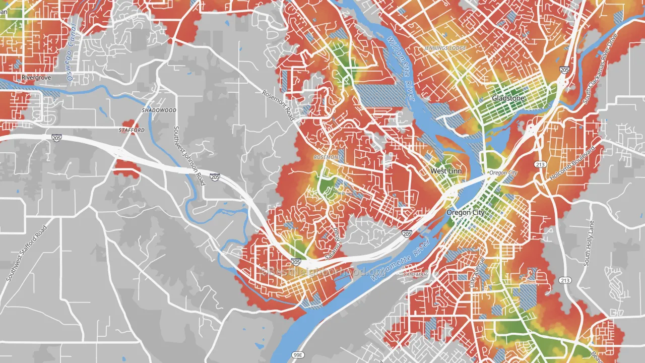 Walk Grade map of 97068, OR, walkable areas in green and car-dependent areas in red