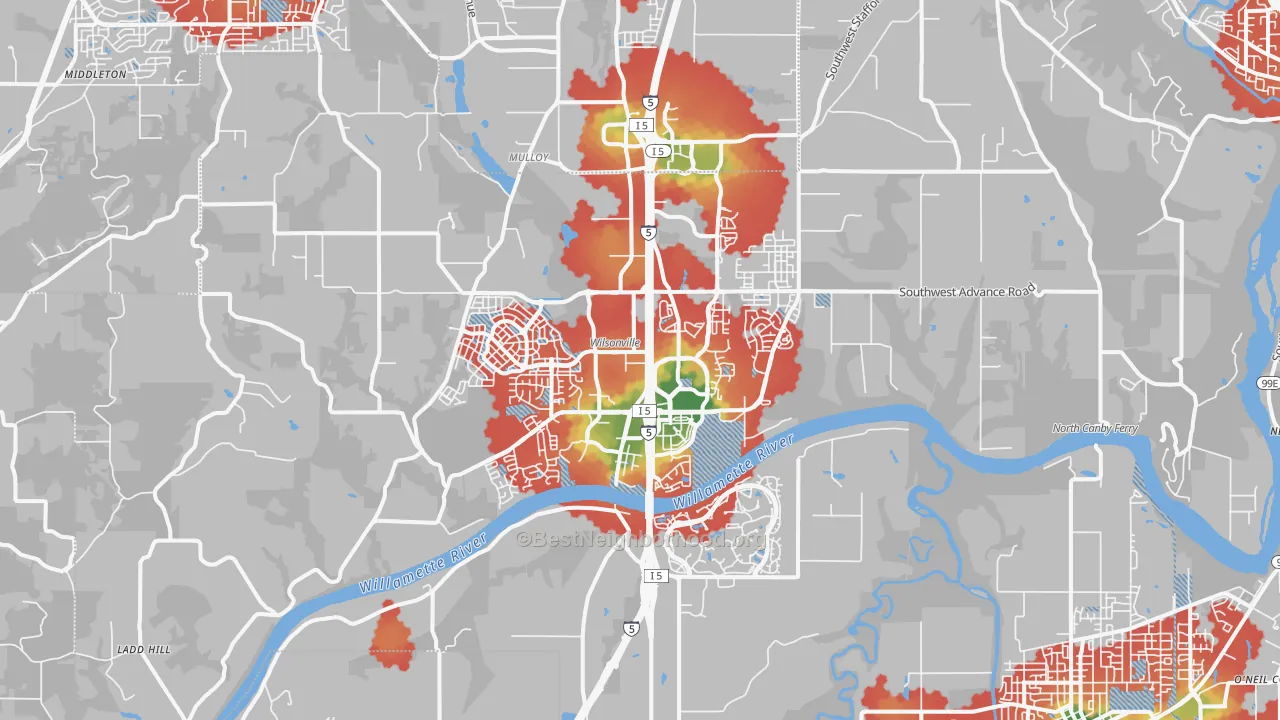 Walk Grade map of 97070, OR, walkable areas in green and car-dependent areas in red