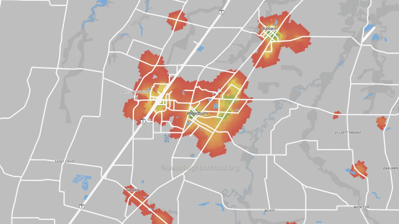 Walk Grade map of 97071, OR, walkable areas in green and car-dependent areas in red