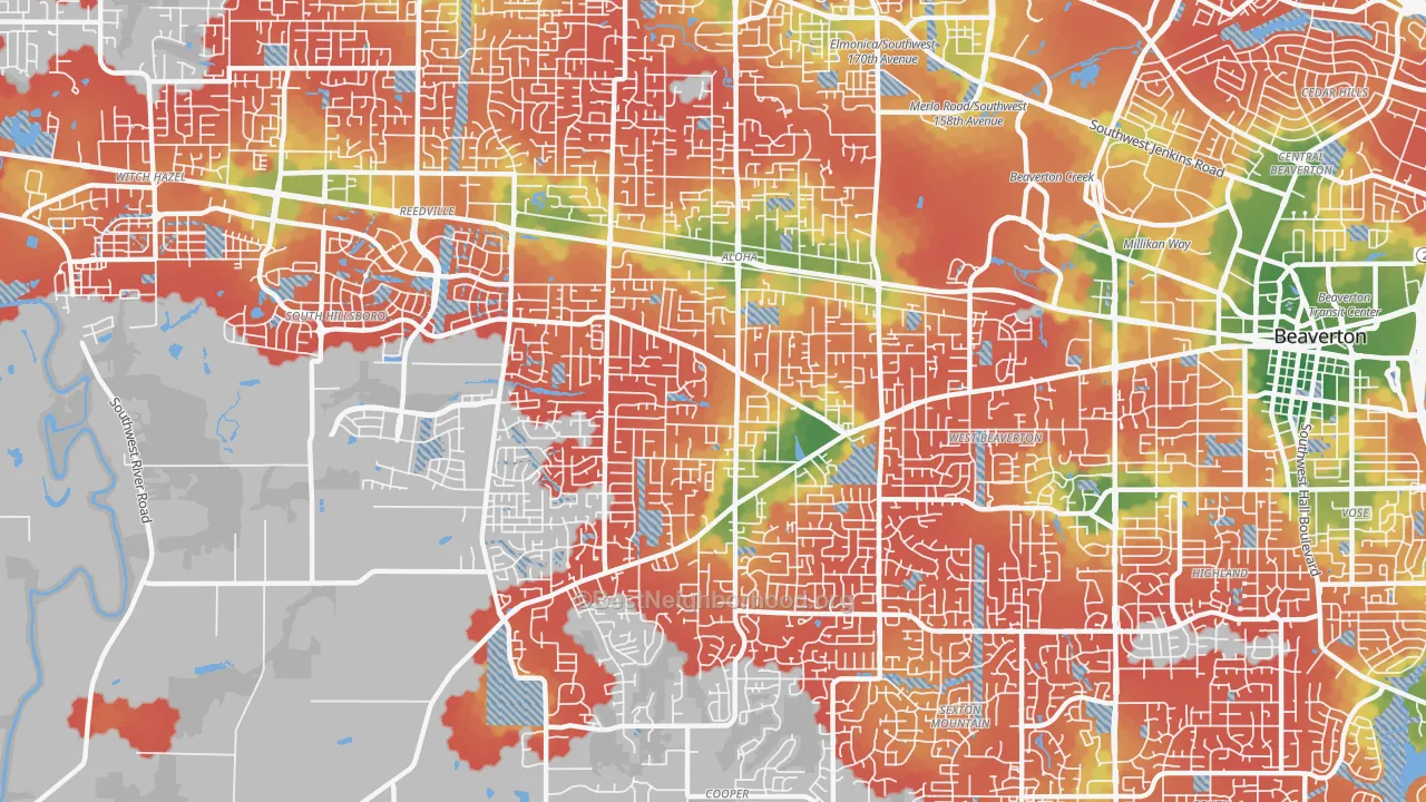 Walk Grade map of 97078, OR, walkable areas in green and car-dependent areas in red