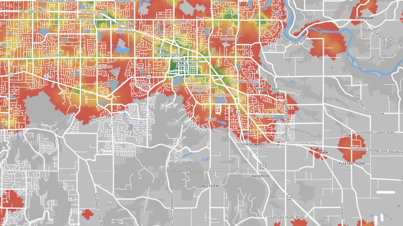Walk Grade map of 97080, OR, walkable areas in green and car-dependent areas in red