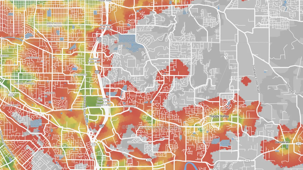 Walk Grade map of 97086, OR, walkable areas in green and car-dependent areas in red