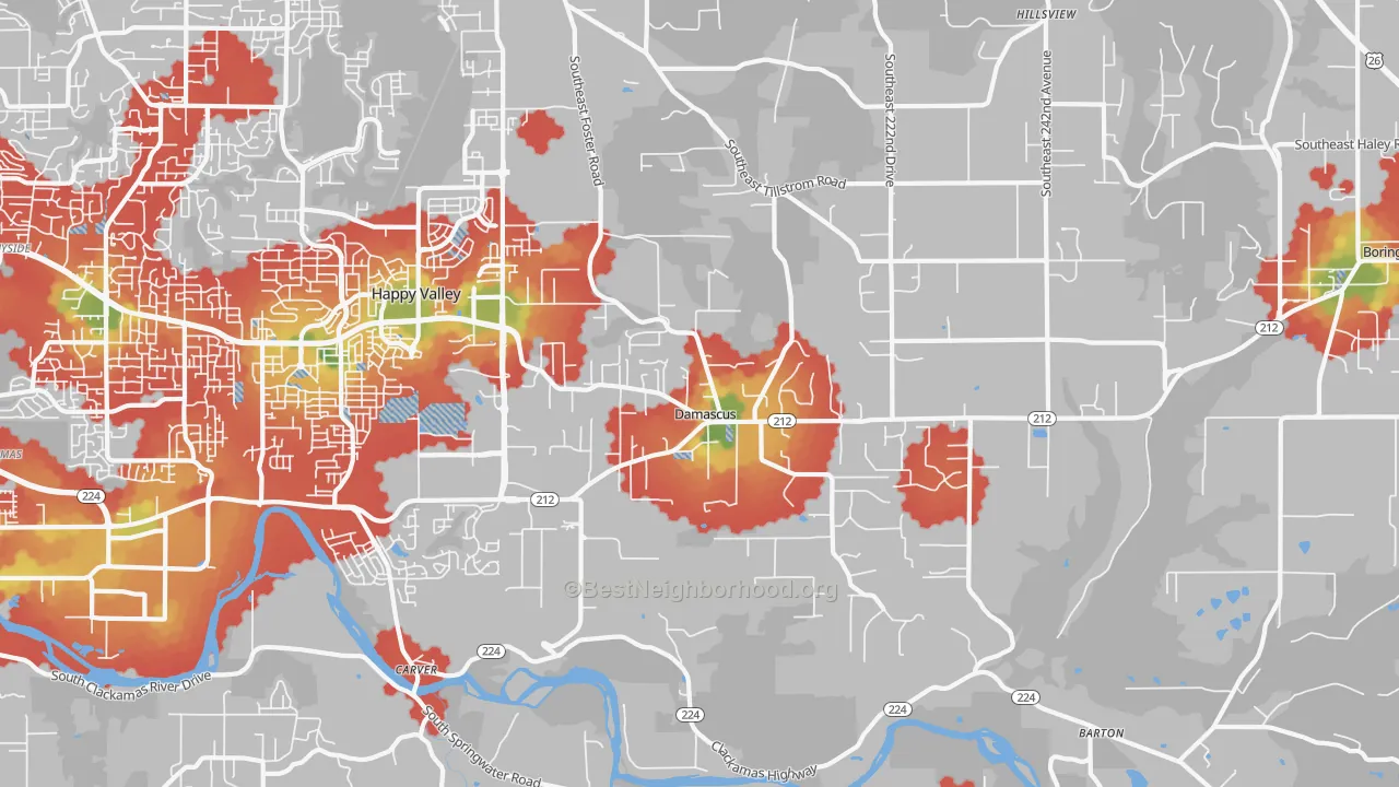 Walk Grade map of 97089, OR, walkable areas in green and car-dependent areas in red