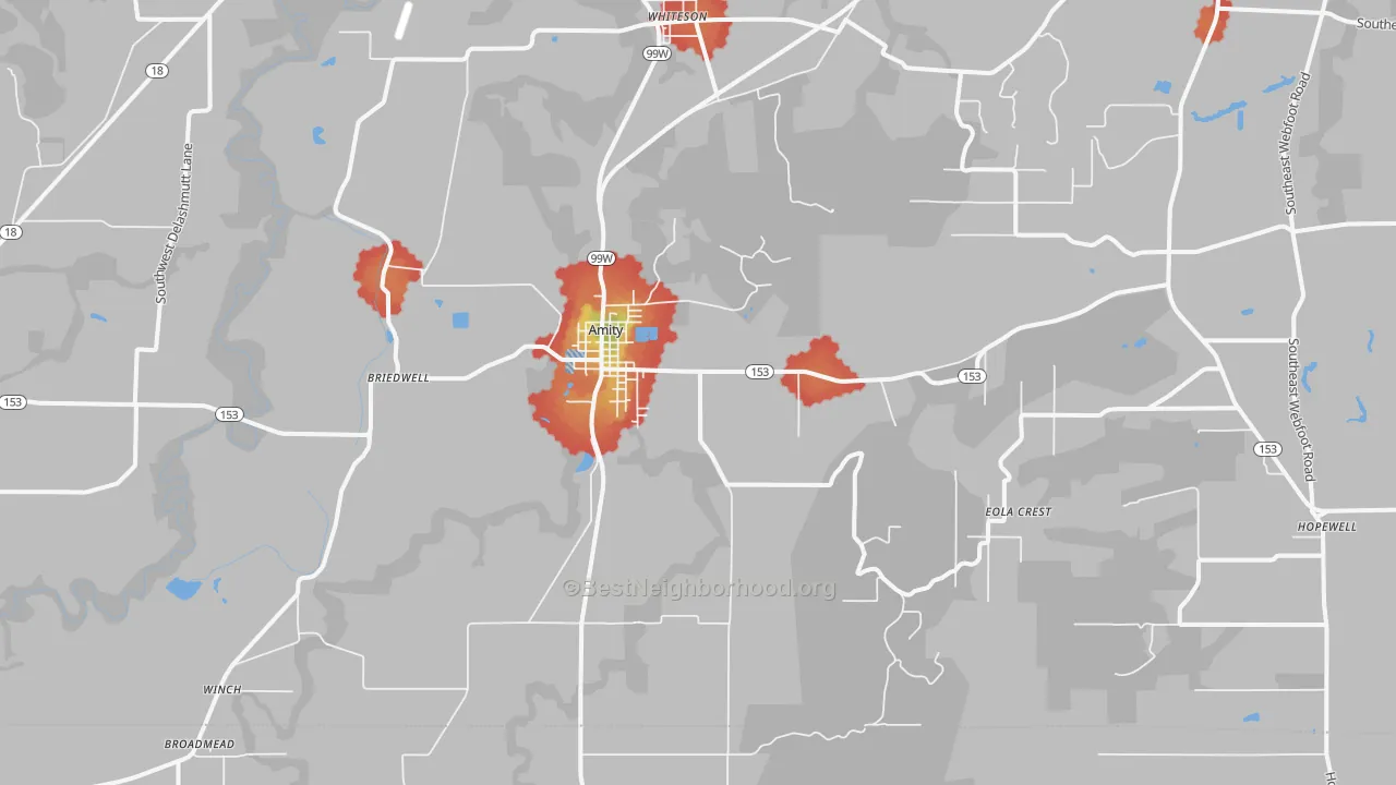 Walk Grade map of 97101, OR, walkable areas in green and car-dependent areas in red