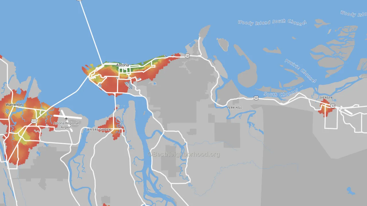 Walk Grade map of 97103, OR, walkable areas in green and car-dependent areas in red